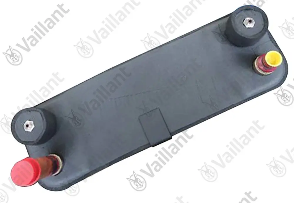 Vaillant-Wärmetauscher mit zwei Anschlüssen, einem roten und einem gelben, sowie einer rechteckigen Designform in Schwarz.